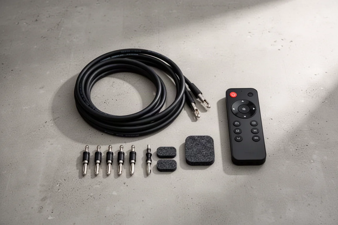 Vue à plat de câble d'enceinte, fiches banane et patins d'isolation sur béton