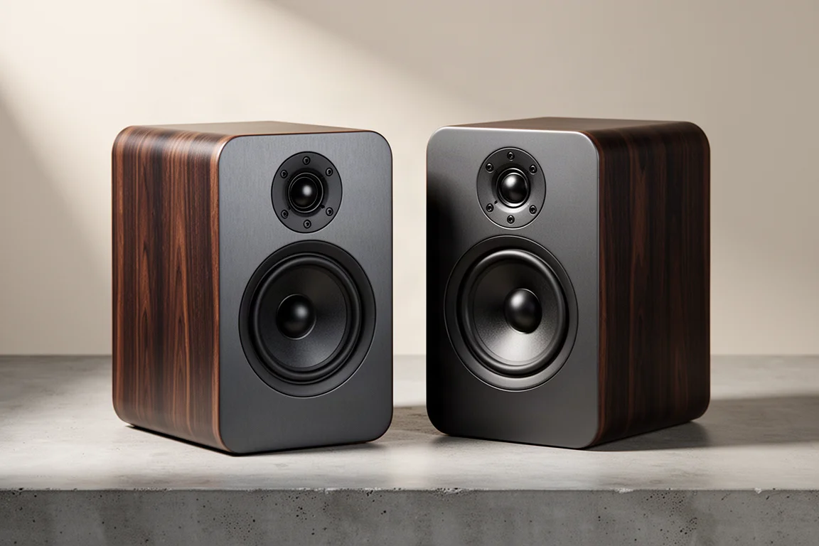 Pair of compact coaxial bookshelf speakers on a matte concrete surface