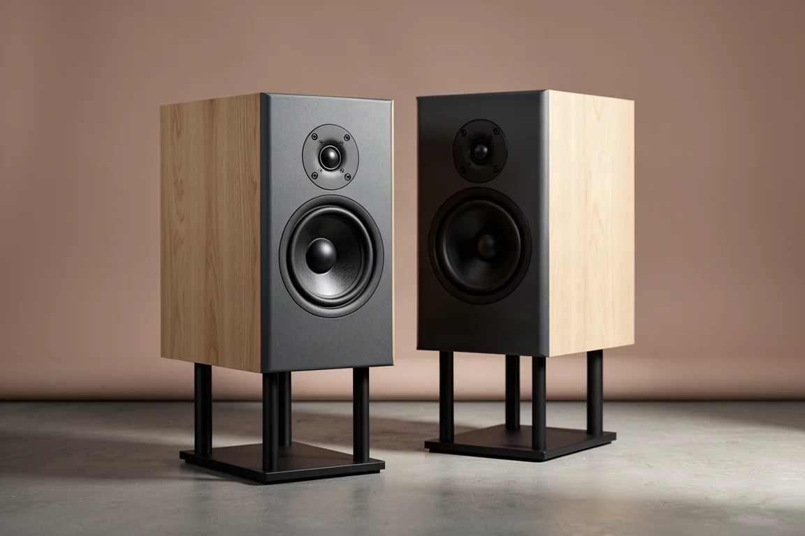 Pair of dark matte coaxial bookshelf speakers on stands against a warm grey backdrop