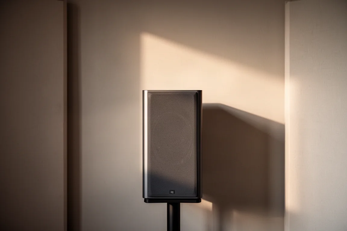 Compact coaxial loudspeaker on a stand in a softly lit room with side walls nearby