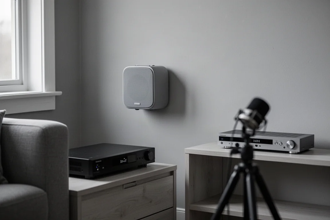 Compact loudspeaker placed close to a plain wall with a receiver and tripod nearby
