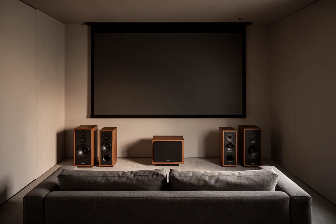 Three compact speakers arranged as a left, center and right front stage in a small room