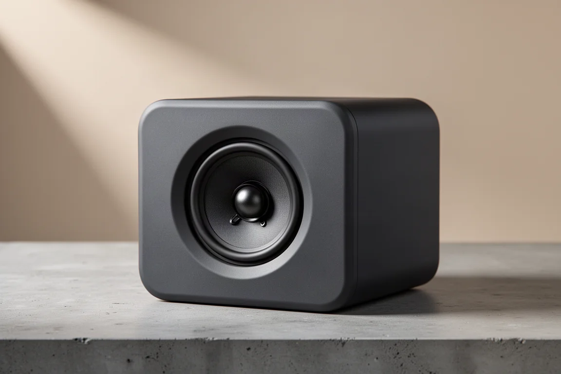 Compact coaxial loudspeaker with a single centred driver on a matte concrete surface