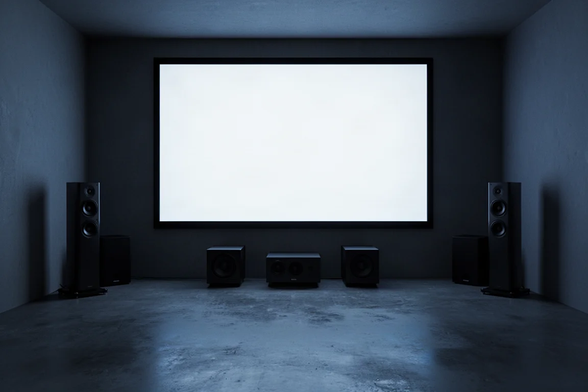 Sala home theater in penombra con schermo luminoso e diffusori scuri sotto di esso