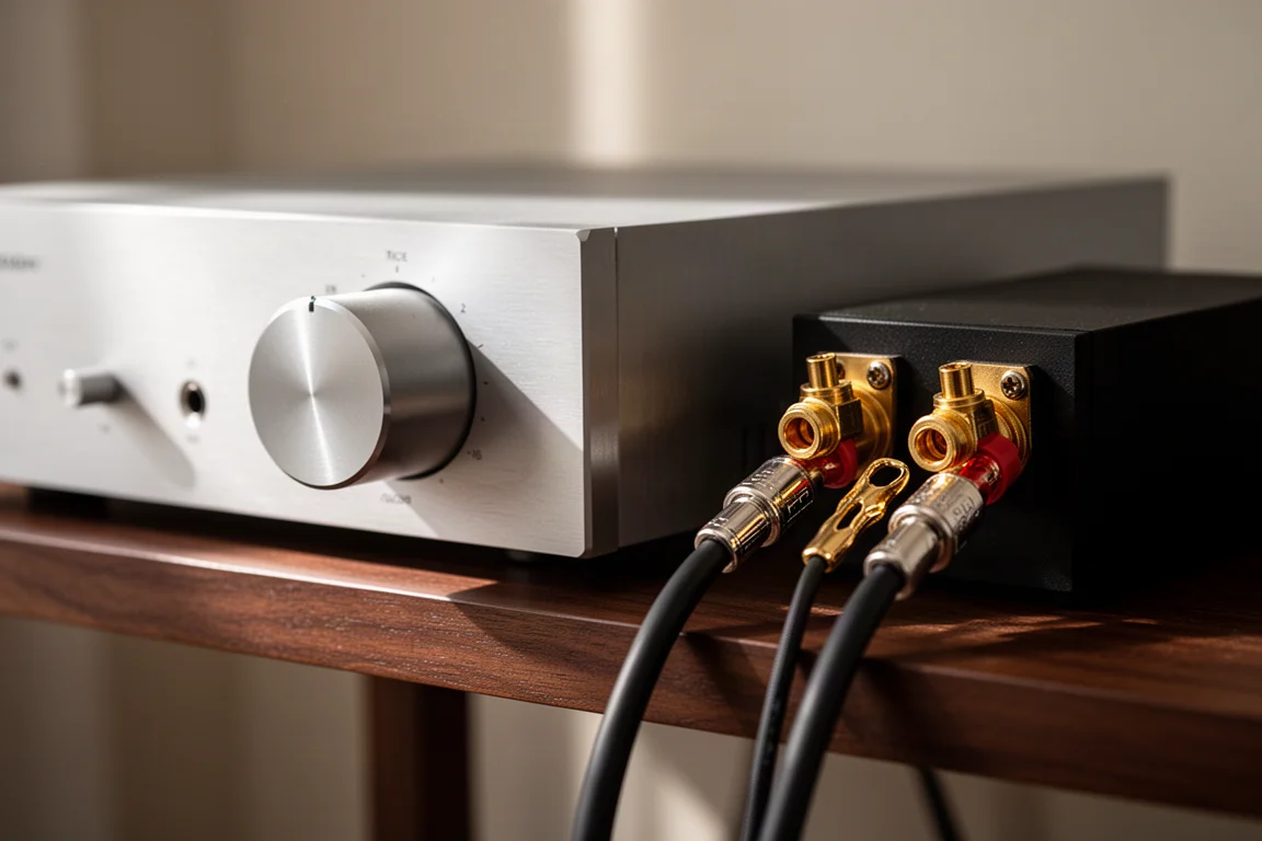 Primo piano della manopola del volume di un amplificatore e dei terminali dei diffusori con i cavi