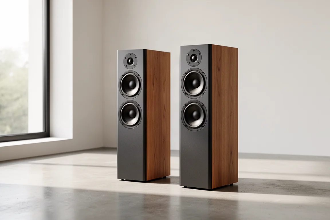 Pair of compact dark tower loudspeakers with exposed drivers in a bright minimalist listening room