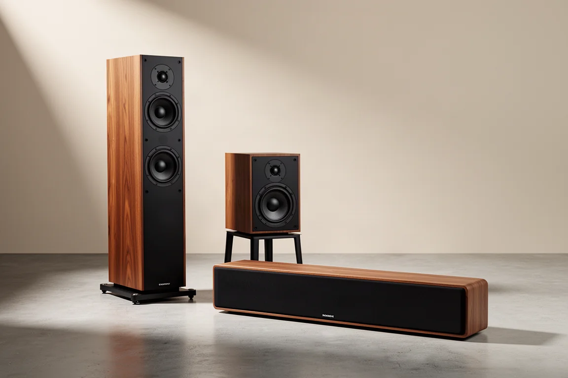 Family of high-end home audio speakers arranged on a concrete floor in soft studio light