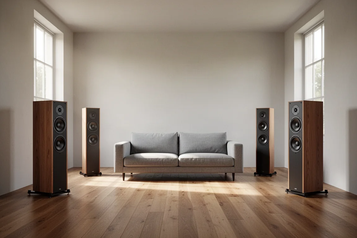 Minimal listening room with two tall slim tower speakers and a low chair between them