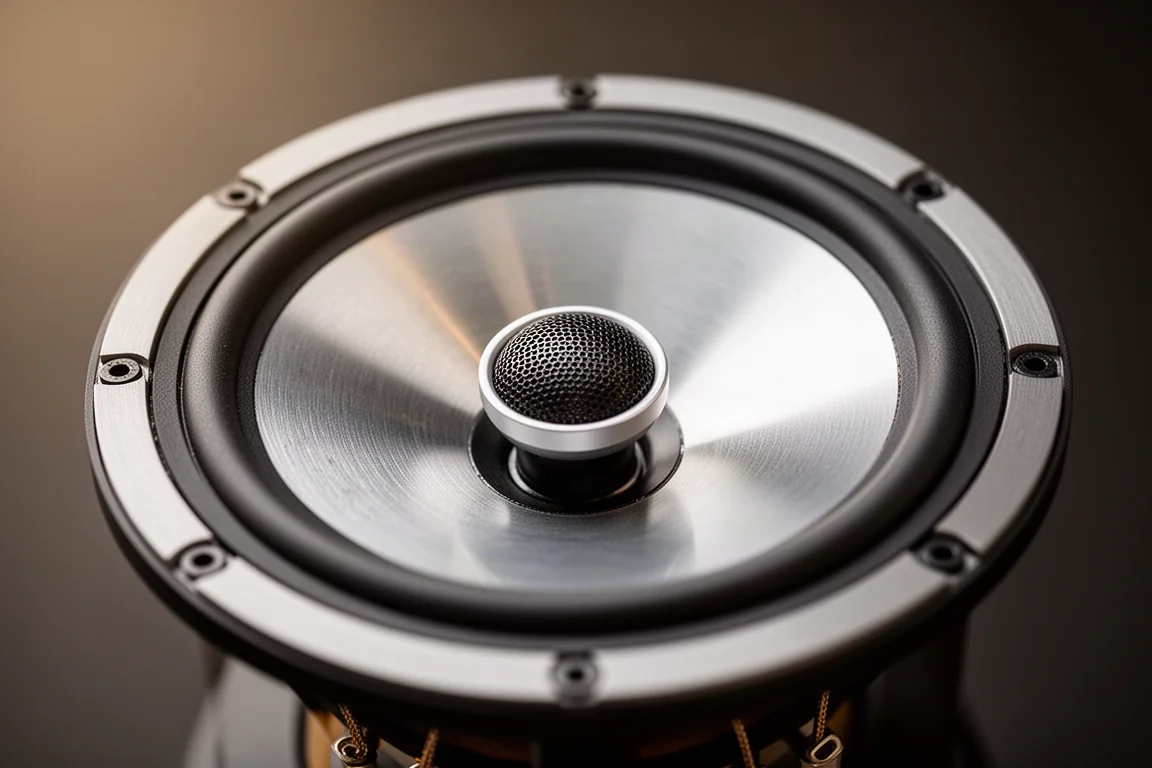 Close-up of a concentric speaker driver with a dome tweeter inside a midrange cone