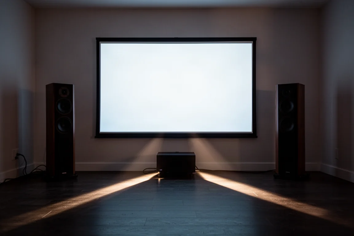 Dim listening room at night with a spinning vinyl record and speaker silhouettes