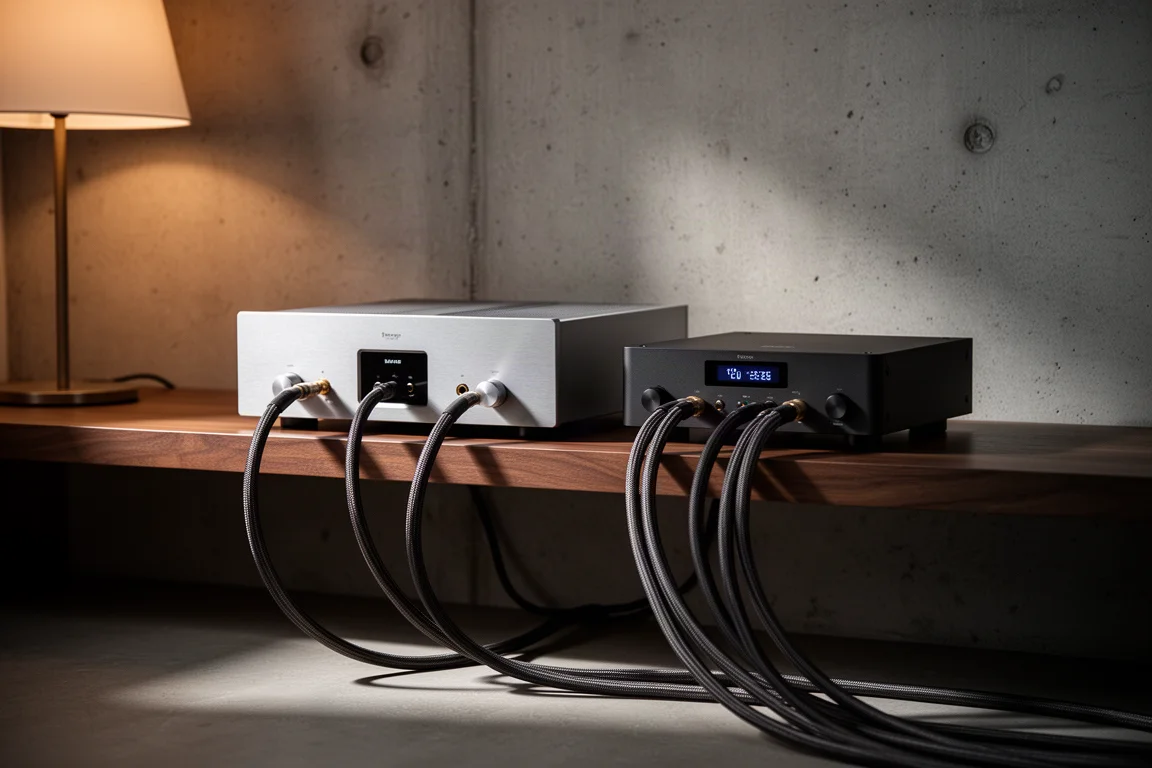 Tall tower speaker placed a short distance from a plain living room wall