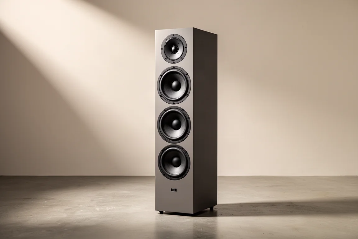 Tall narrow white floorstanding tower speaker with four woofers on a pale neutral backdrop