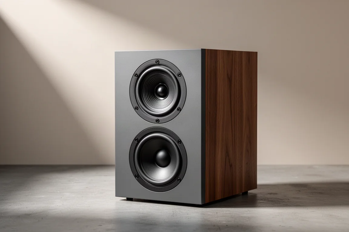Pair of tall gloss standmount loudspeakers on slim floor stands against a grey backdrop
