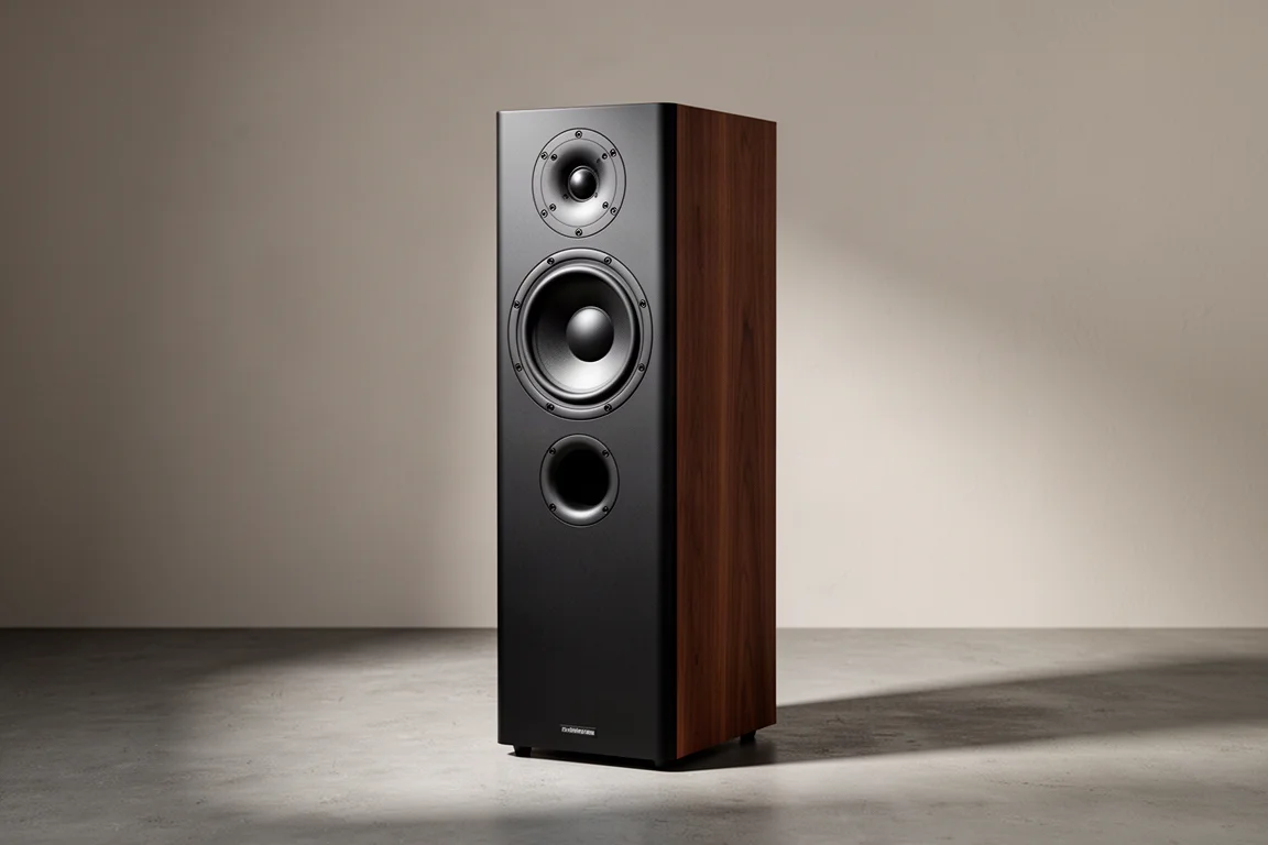 Slim three-way floorstanding speaker with concentric driver on a concrete floor