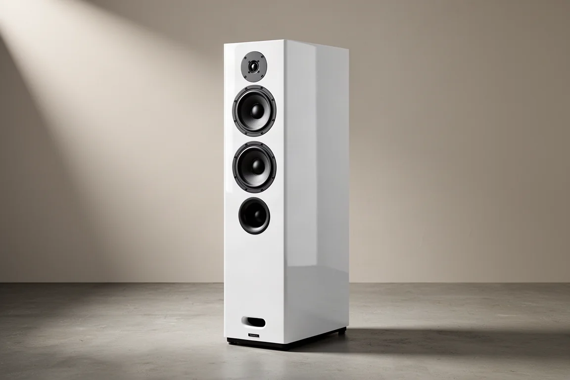 Gloss white three-way floorstanding loudspeaker on a concrete floor in studio light