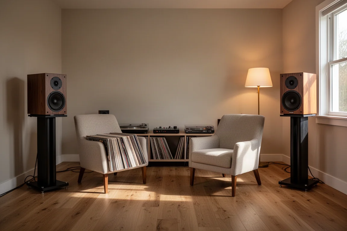 Sala de escucha con dos altavoces sobre soportes orientados hacia un sillón