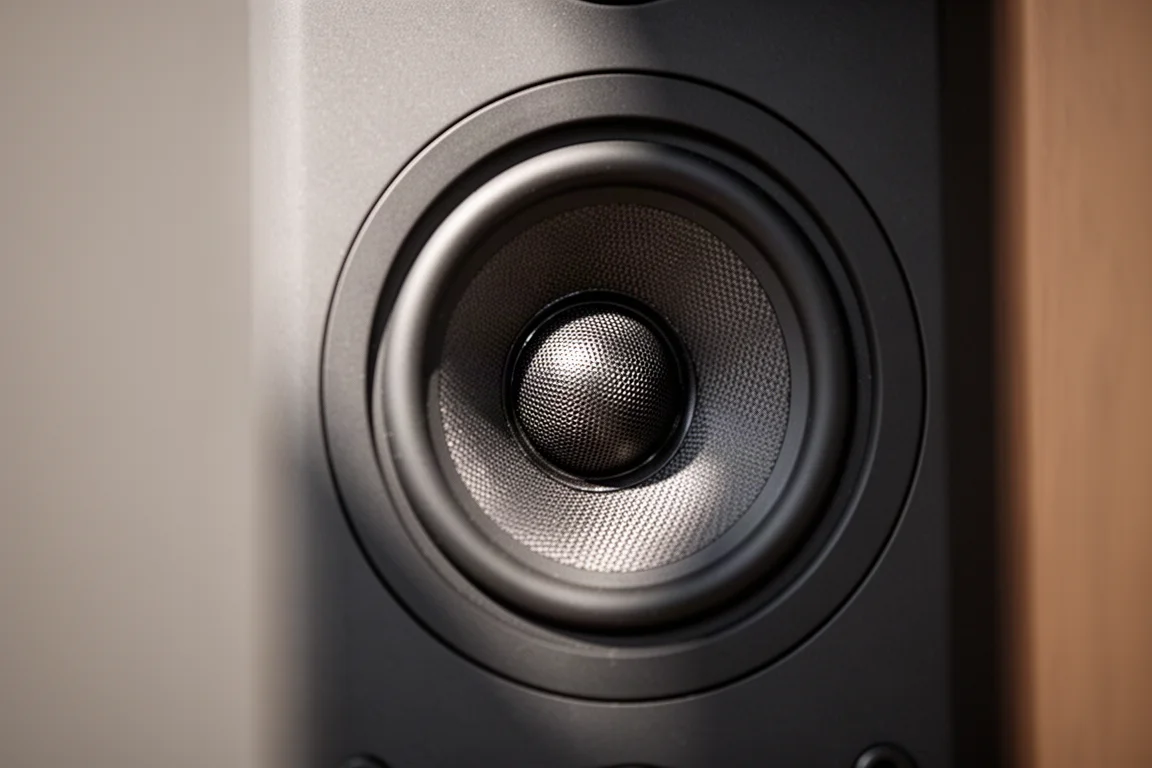 Detalle en primer plano de un altavoz coaxial montado en un baffle oscuro