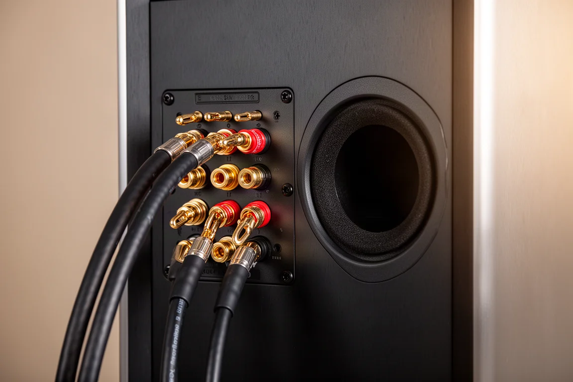 Cables de altavoz con conectores banana insertados en los bornes del panel trasero