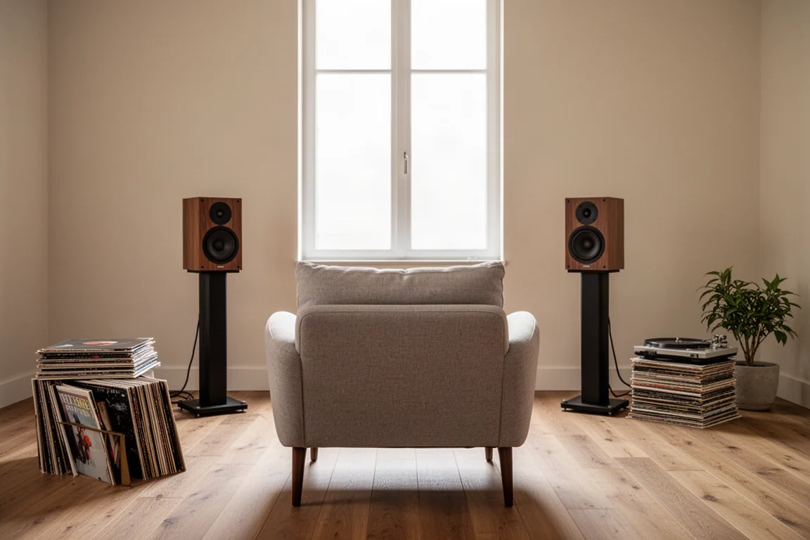 Sillón de escucha frente a dos altavoces en un salón luminoso y ordenado