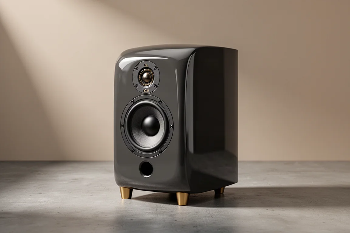 Compact bookshelf loudspeaker with concentric driver on a stand against a neutral backdrop