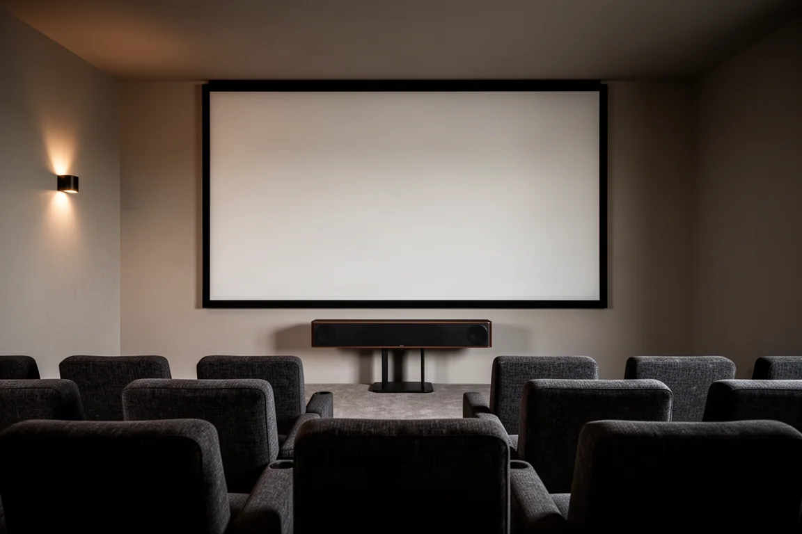 Modern home theater room with a center channel speaker below a large screen and two rows of seats