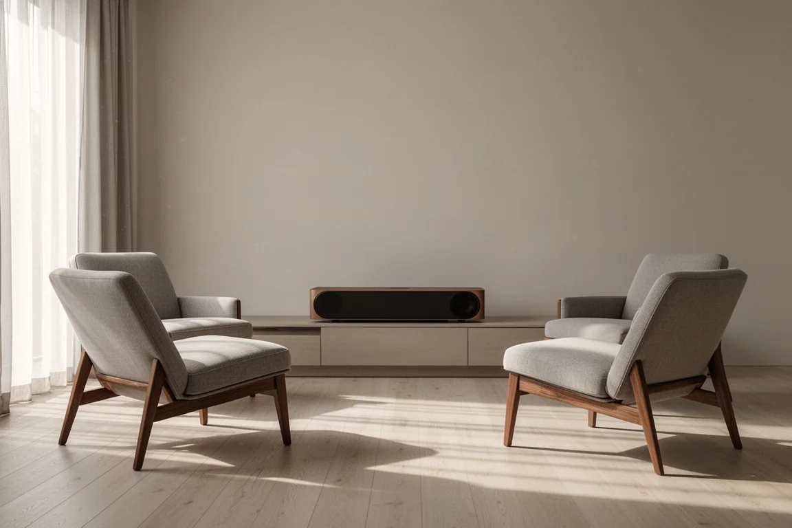 Three living room seats angled at different positions facing a single center channel speaker