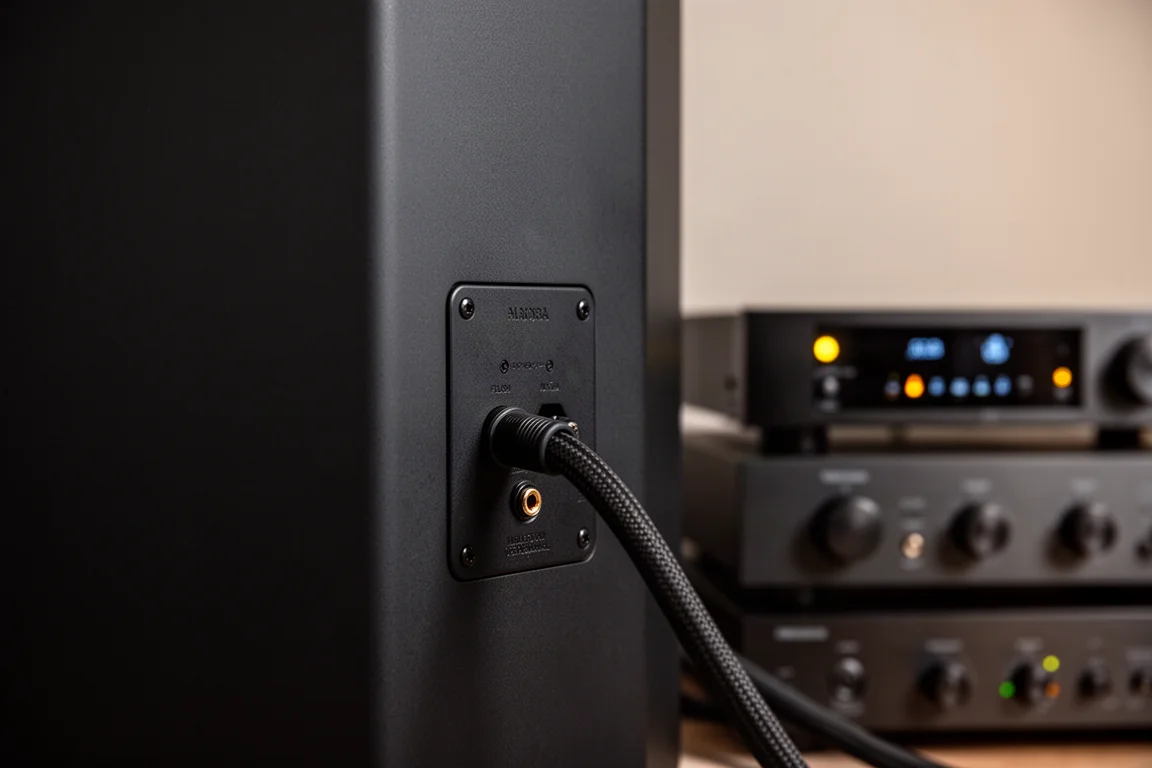 Close-up of a sealed speaker cabinet corner beside an amplifier rack and speaker cable