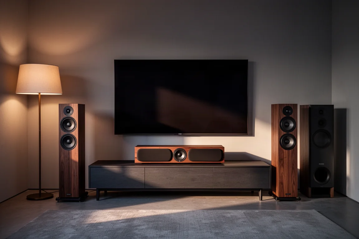 Evening media room with a center channel speaker, subwoofer, and floorstanding speakers