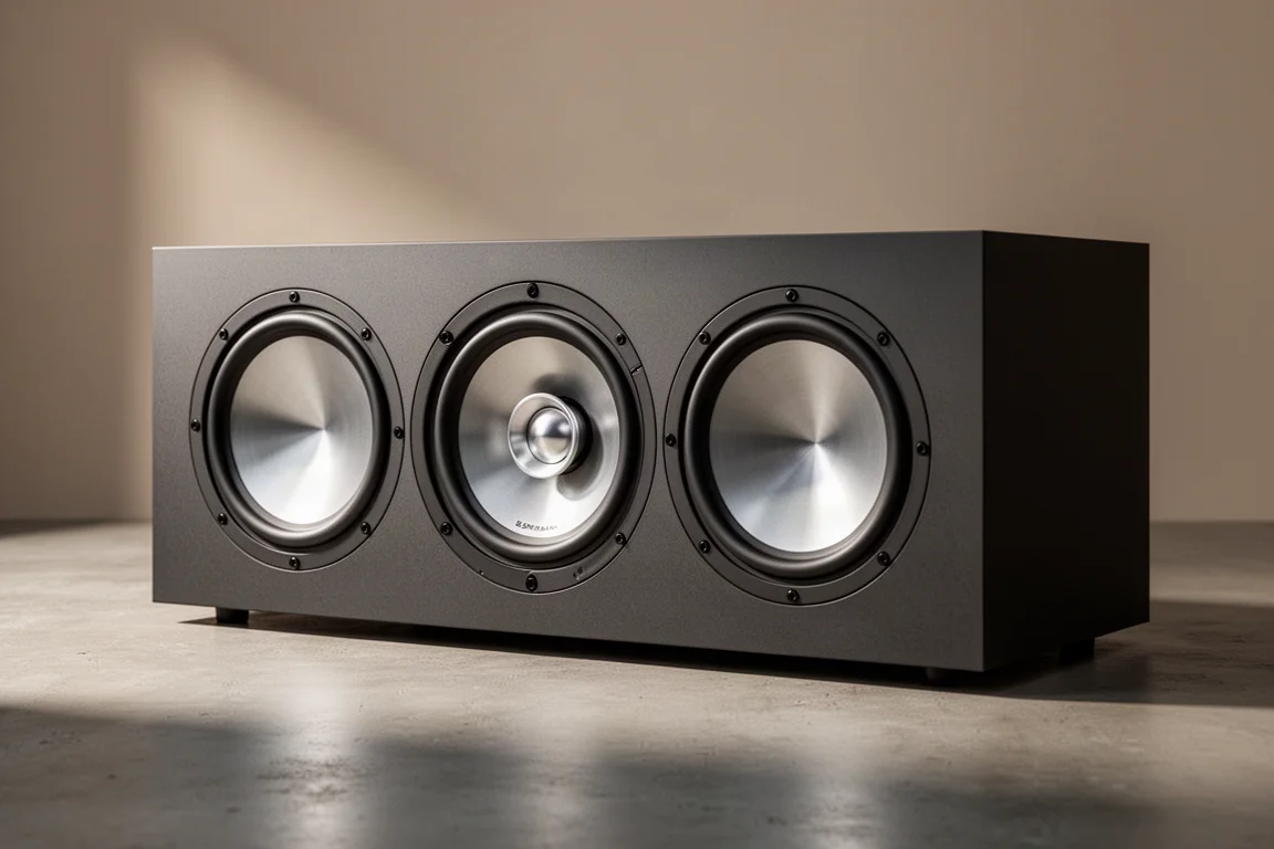 Wide three-way center channel loudspeaker with coaxial driver on a matte concrete surface