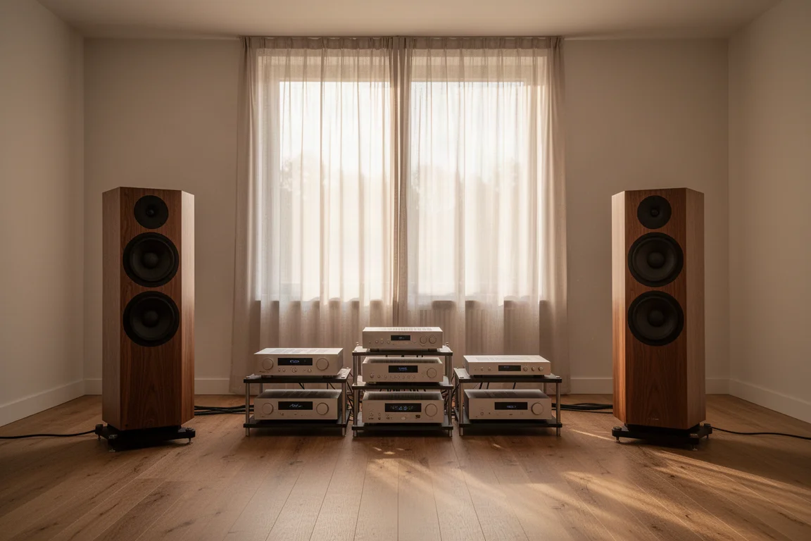 Sala d'ascolto spaziosa con due diffusori da pavimento alti e un rack hi-fi nella luce pomeridiana