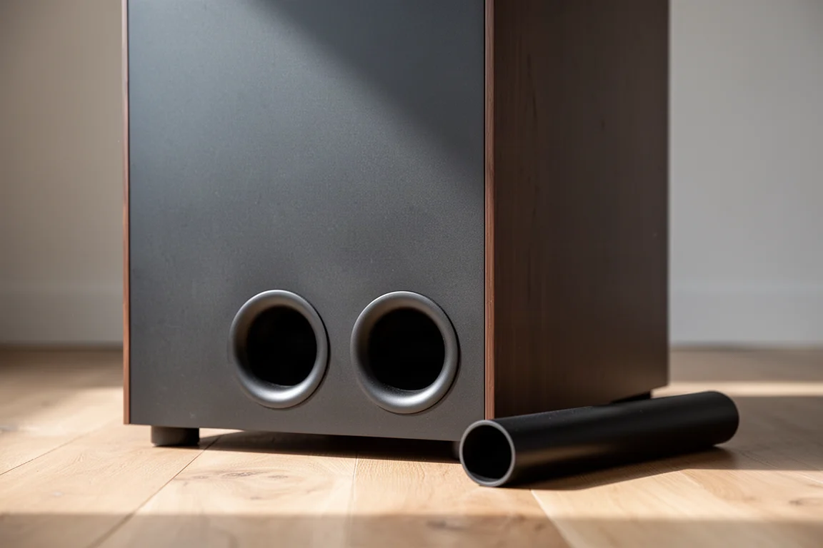 Porte bass reflex posteriori di un diffusore da pavimento con due tubi di accordo su pavimento in legno
