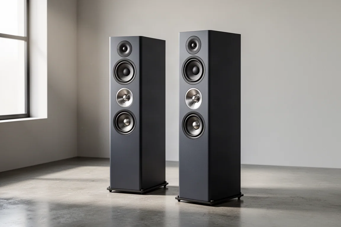 Pair of tall matte charcoal floorstanding speakers in a minimal listening room