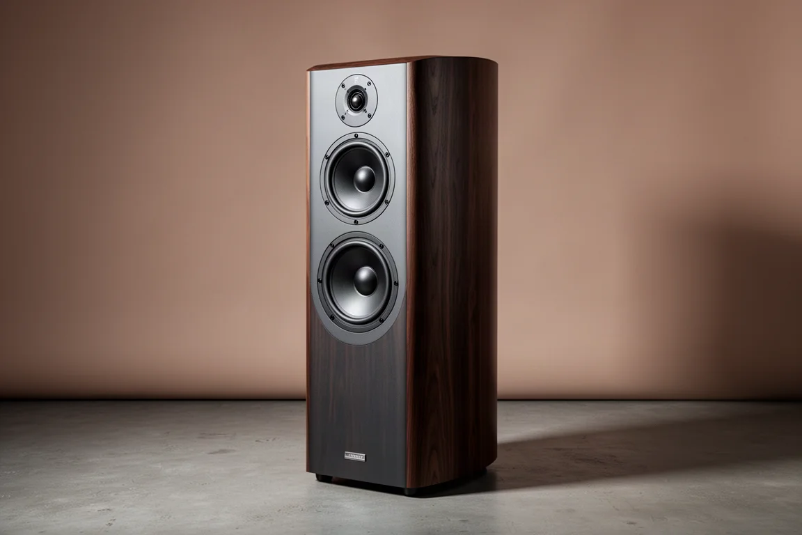 Tall floorstanding speaker with rounded cabinet, two midwoofers, coaxial driver and super tweeter