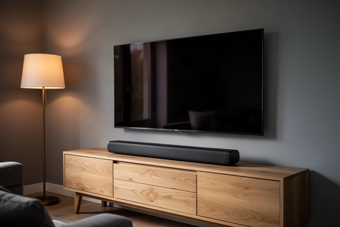 Lågprofilerad soundbar på en mediebänk under en stor TV i ett dunkelt vardagsrum