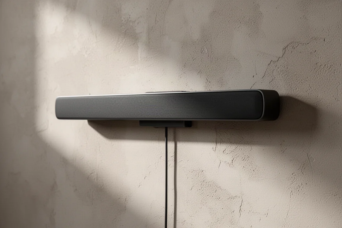 Smal mörk soundbar monterad horisontellt på en texturerad gipsvägg