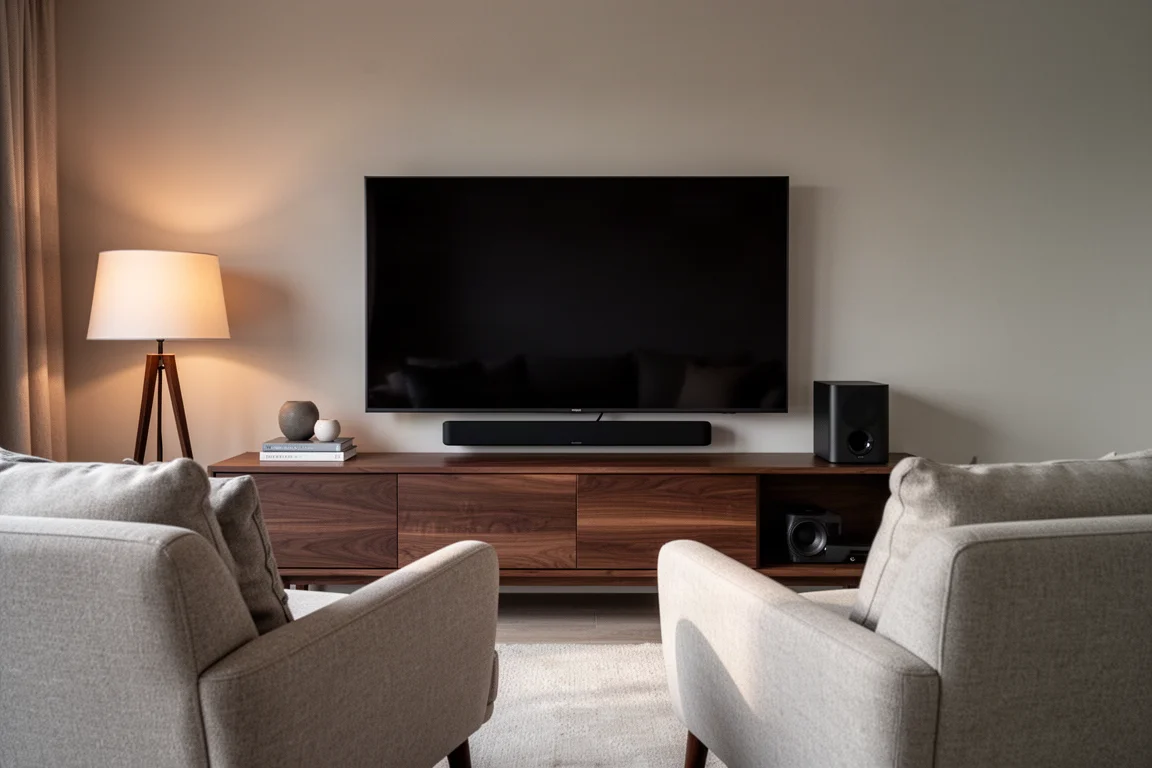 Vardagsrumsmöblering vänd mot en TV med en soundbar och en kompakt subwoofer