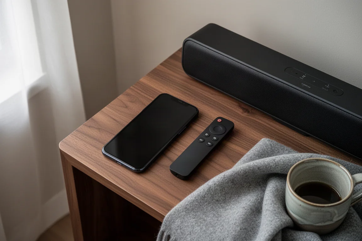 Smartphone och fjärrkontroll på ett valnötsbord bredvid en soundbar