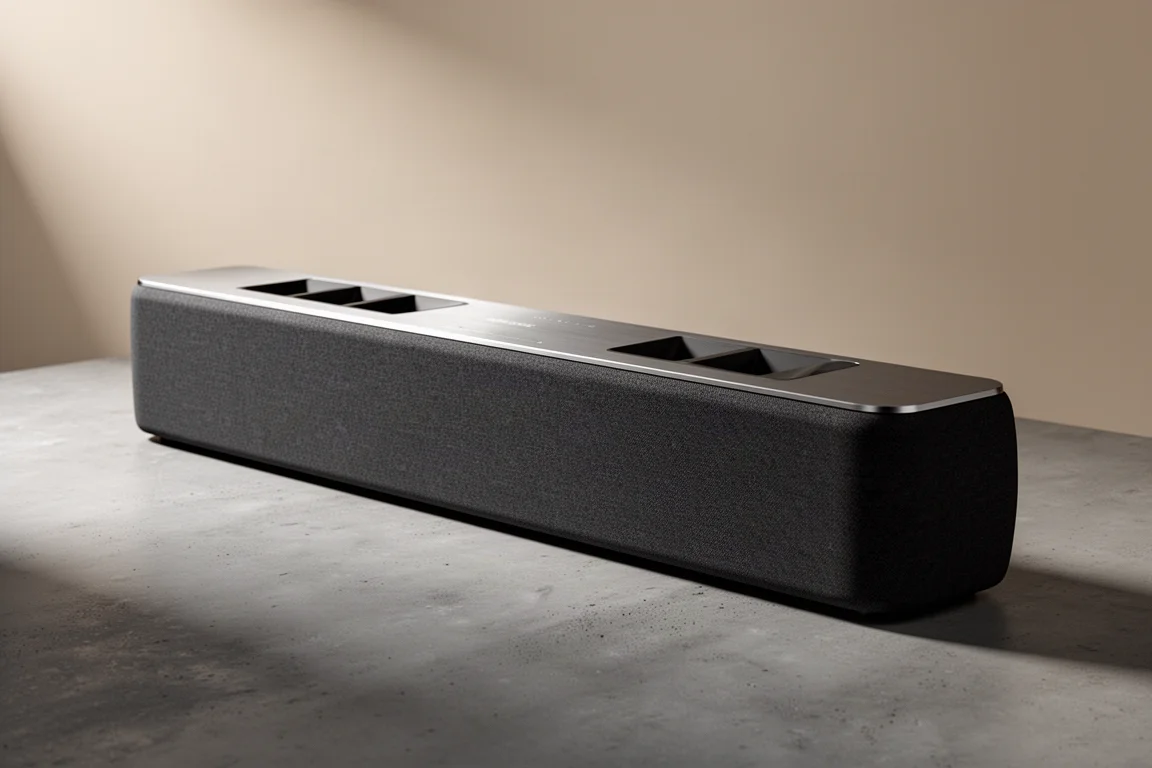 Low-profile dark fabric soundbar with slim metal top plate on a matte concrete surface