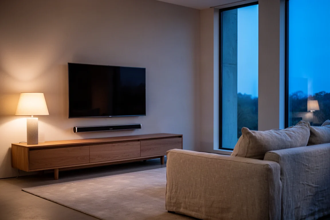 黃昏客廳中,纖薄 soundbar 置於掛牆電視下方