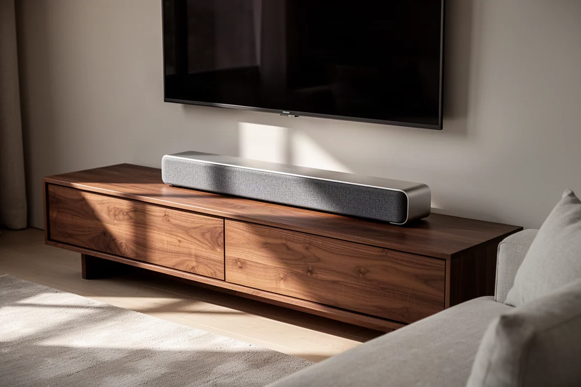 Slim premium soundbar on a walnut console beneath a wall-mounted TV in a modern living room