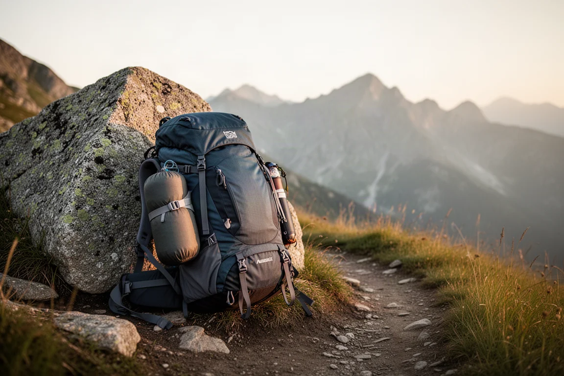 Zaino da escursionismo carico appoggiato sul granito accanto a un sentiero di montagna nell'ora d'oro