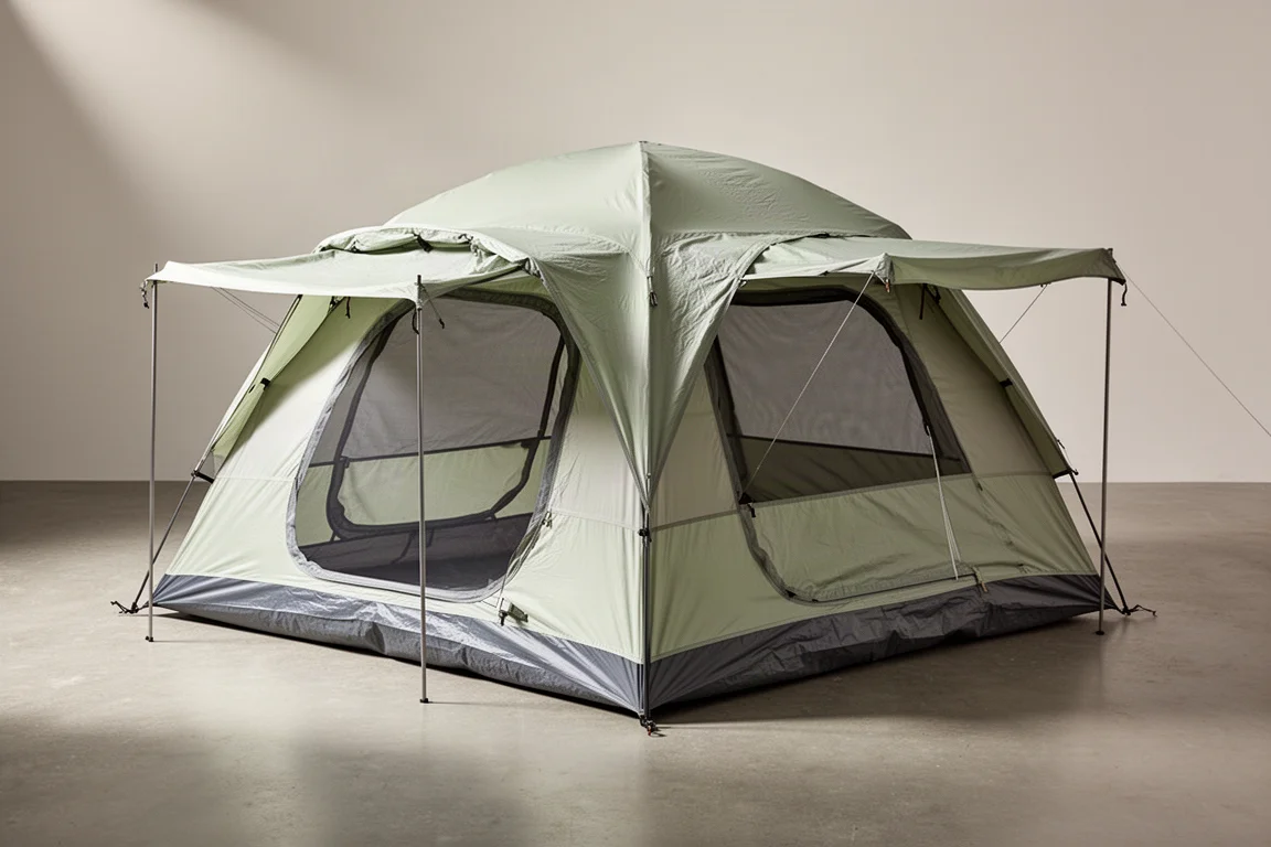 Six-person dome camping tent with rainfly and front awning on a concrete surface