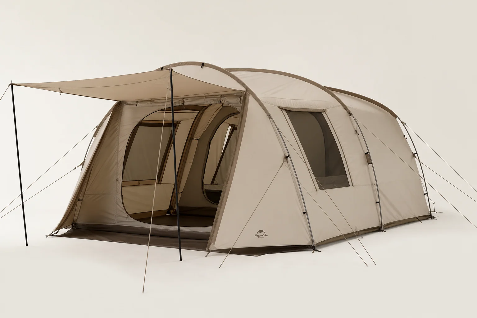Seven survival tents of varying sizes and styles arranged on neutral backdrop