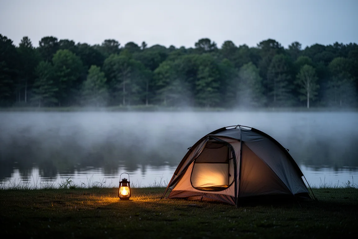 Acampamento à beira do lago ao anoitecer com uma pequena barraca iglu e uma lanterna brilhando