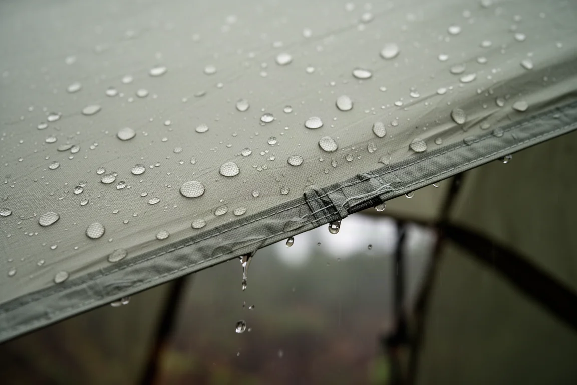 Gotas de chuva se acumulando no tecido tenso do sobreteto da barraca sob luz cinzenta