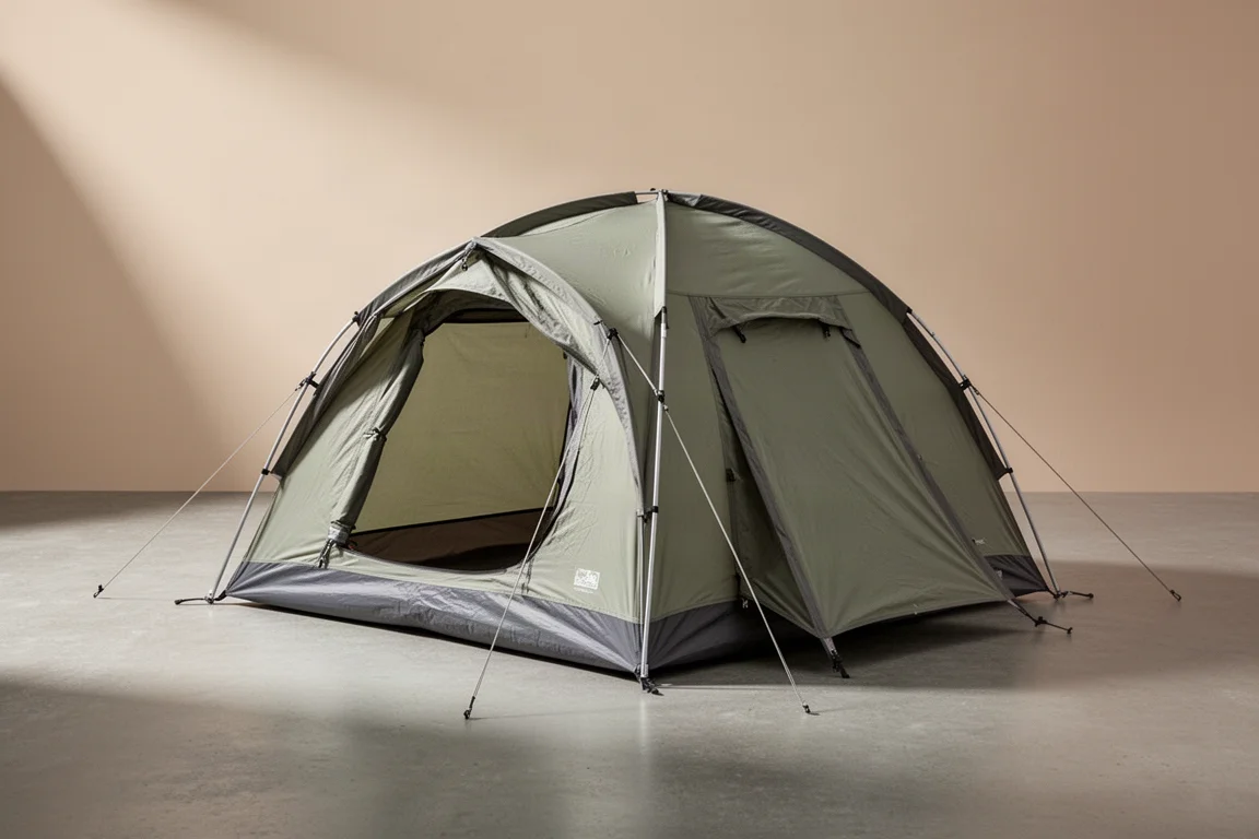 Compact two-person dome camping tent with vestibule and guylines on a concrete surface