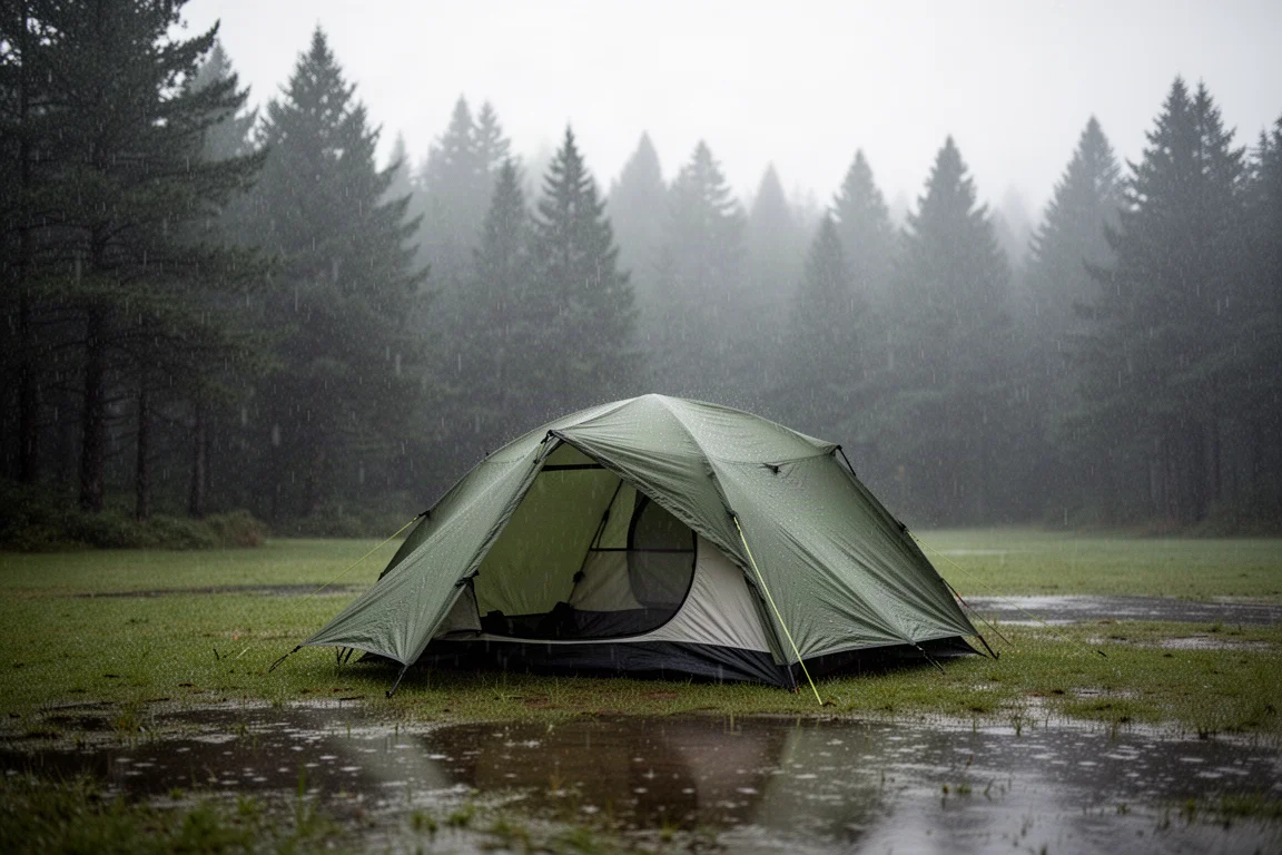 持續小雨中搭在草地空地的雙人露營帳篷,後方是森林