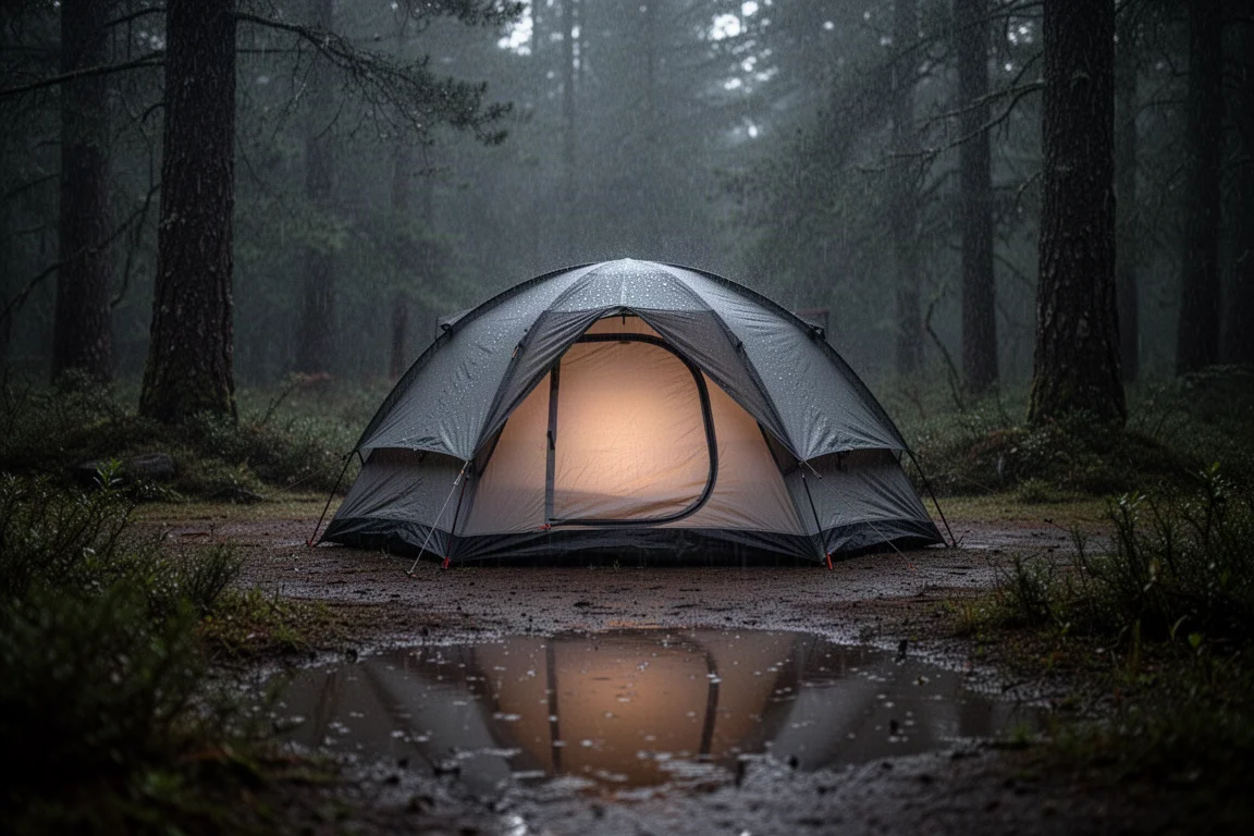 傍晚持續降雨中的森林營地圓頂帳篷,內部透出燈光