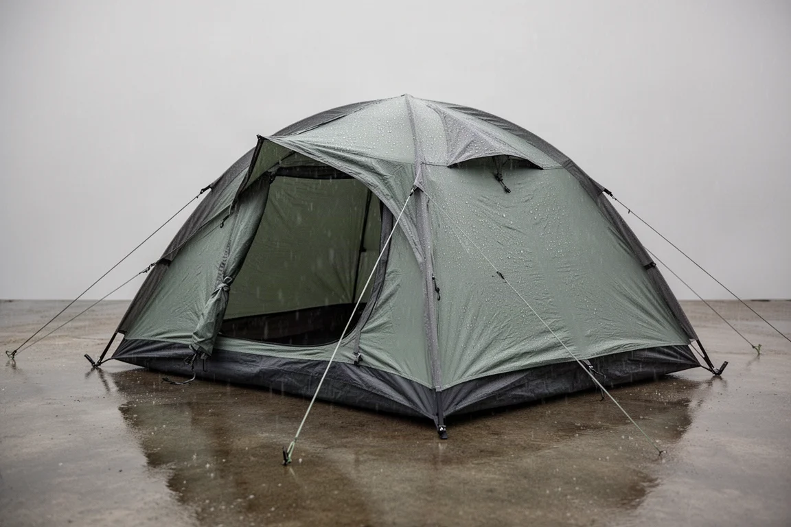 Two-person dome camping tent pitched on wet ground with rain beading on the rainfly
