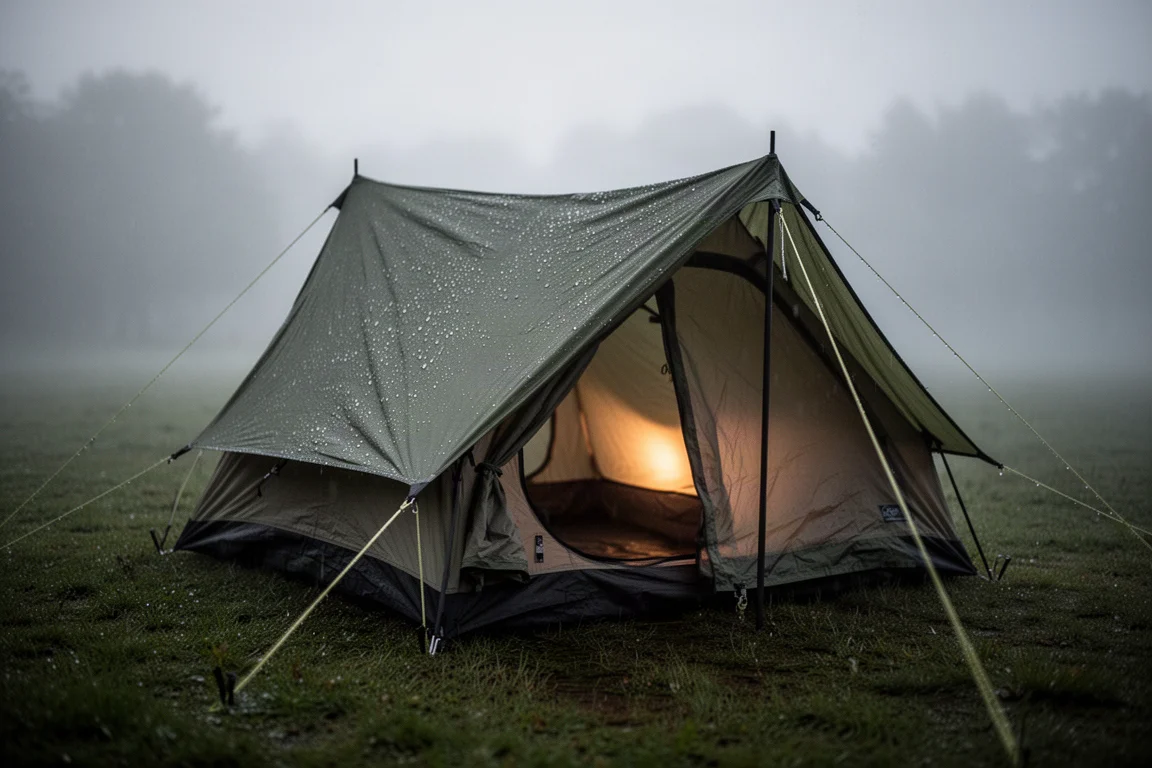 Kleines Zelt auf einem nebligen Abendcampingplatz mit Kondenswasser am Überzelt